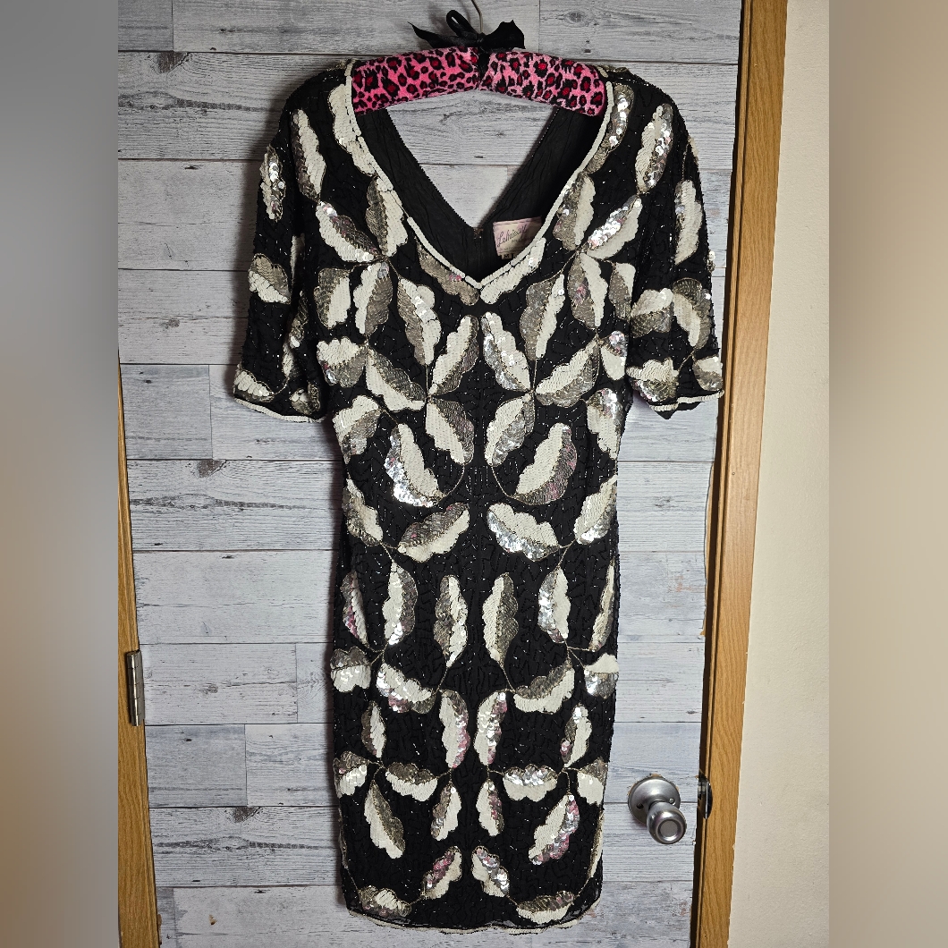 Vintage Le Mieux Paris Roma Geneva Black 100 Silk Beaded Sequined Dress Size M